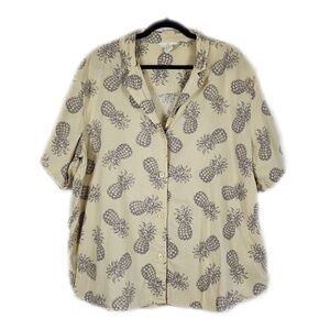 H&M Linen Cotton Blend Pineapple Print Short Sleeve Button Up Shirt XL